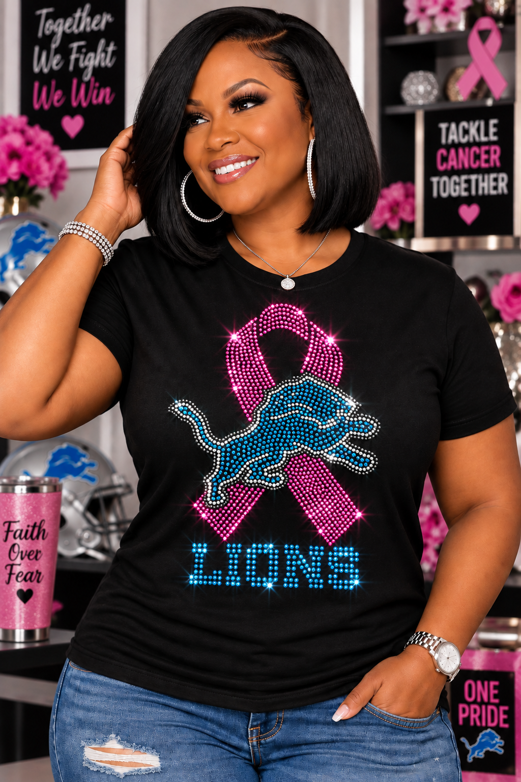 🩷  Lions Breast Cancer Awareness Rhinestone ShirtONE FIGHT. 🩷💙