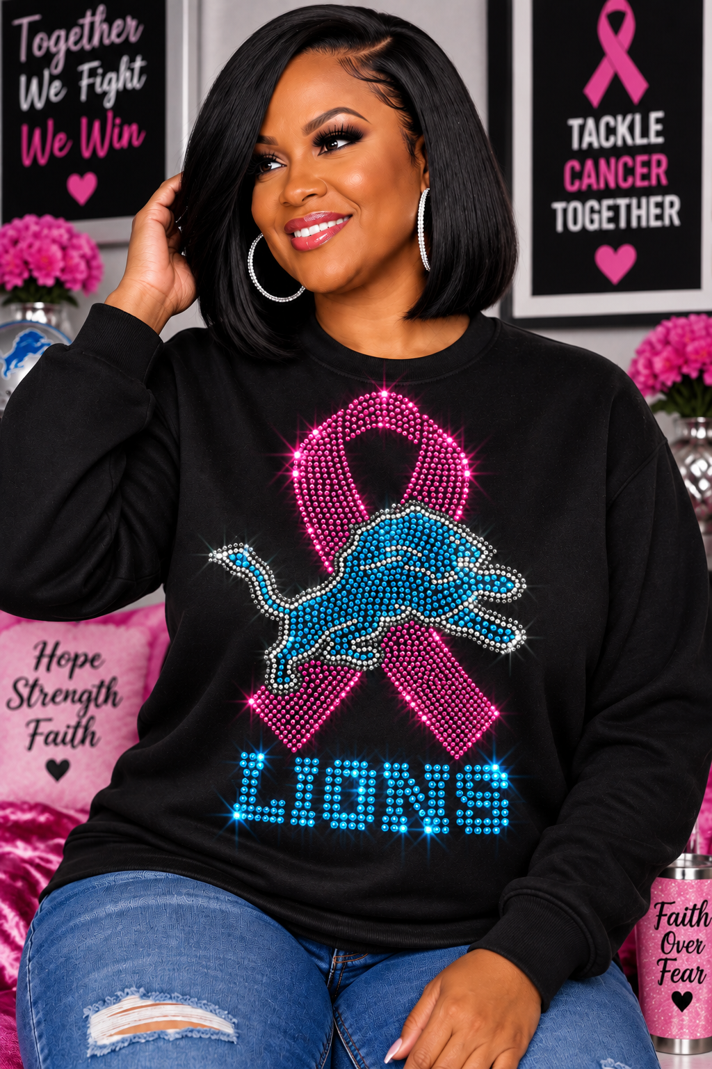 🩷  Lions Breast Cancer Awareness Rhinestone ShirtONE FIGHT. 🩷💙