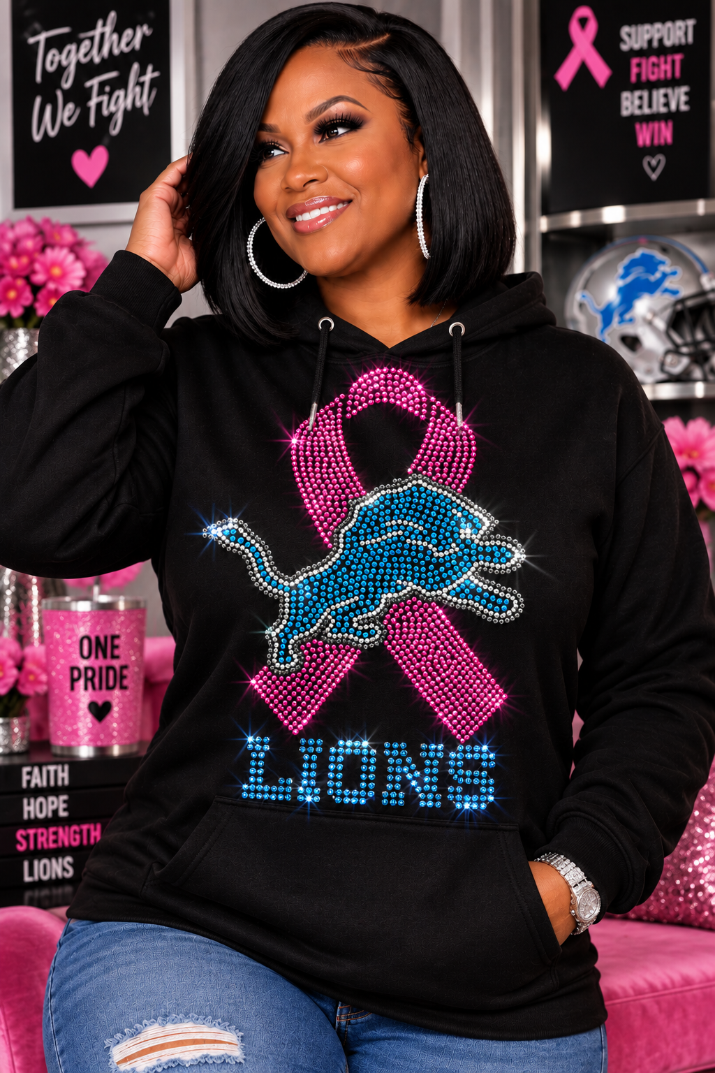 🩷  Lions Breast Cancer Awareness Rhinestone ShirtONE FIGHT. 🩷💙