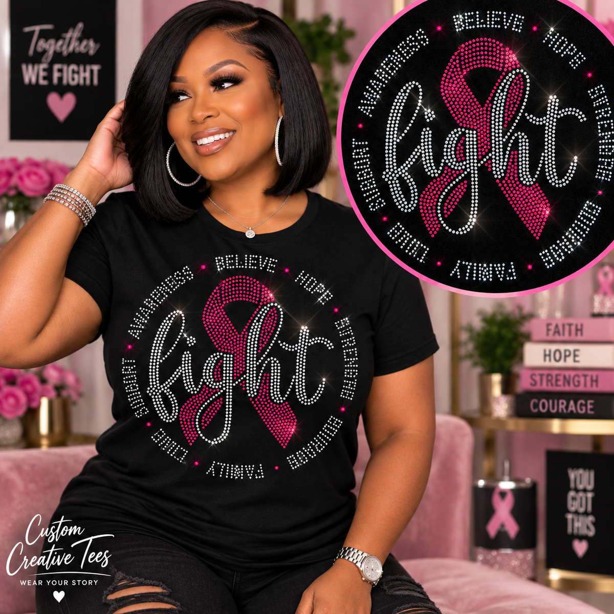 Fight Breast Cancer Awareness Rhinestone Shirt | Tee, Sweatshirt or Hoodie